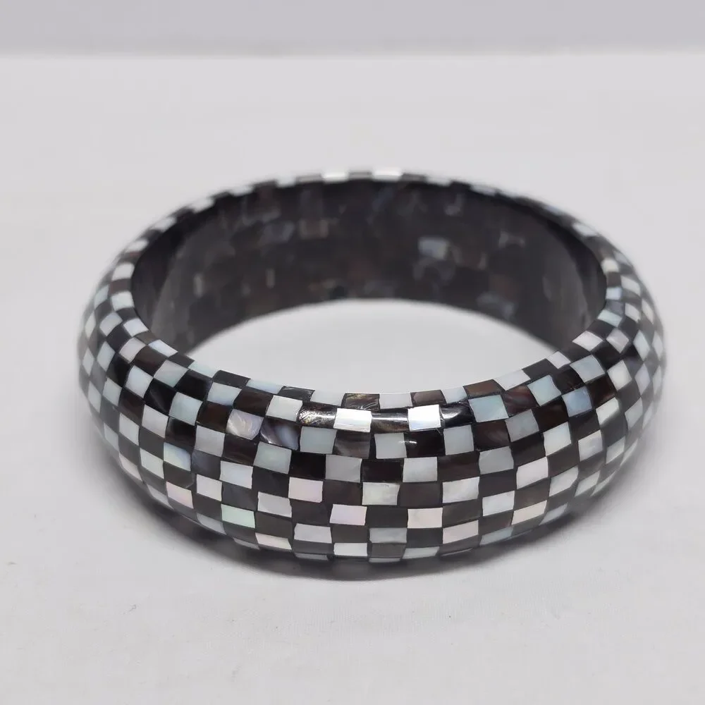 Vintage Mother of pearl Checkered Mosaic Marquetry Bangle Bracelet White & Brown